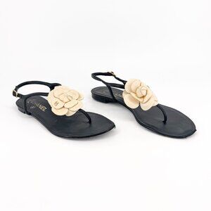 Chanel Camellia Flower CC Sandals Size 37.5C US 6.5-7 Black Leather Flat T-Strap